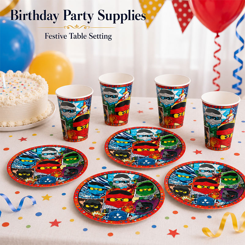 Wedding Day Supply Kit - 漫画忍者柄使い捨て食器忍者プレートカップ背景風船組み合わせ誕生日パーティー用品キット