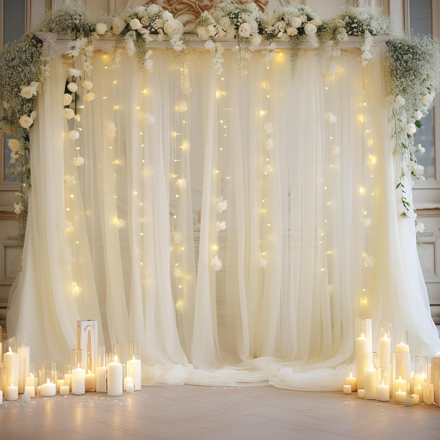 Wedding Balloon Arch - 1パックのウェディングチュール背景セット、2個の1.6×3Mのシアードレープと3×3MのUSBストリングライト付き、ブライダルパーティーの写真背景装飾用