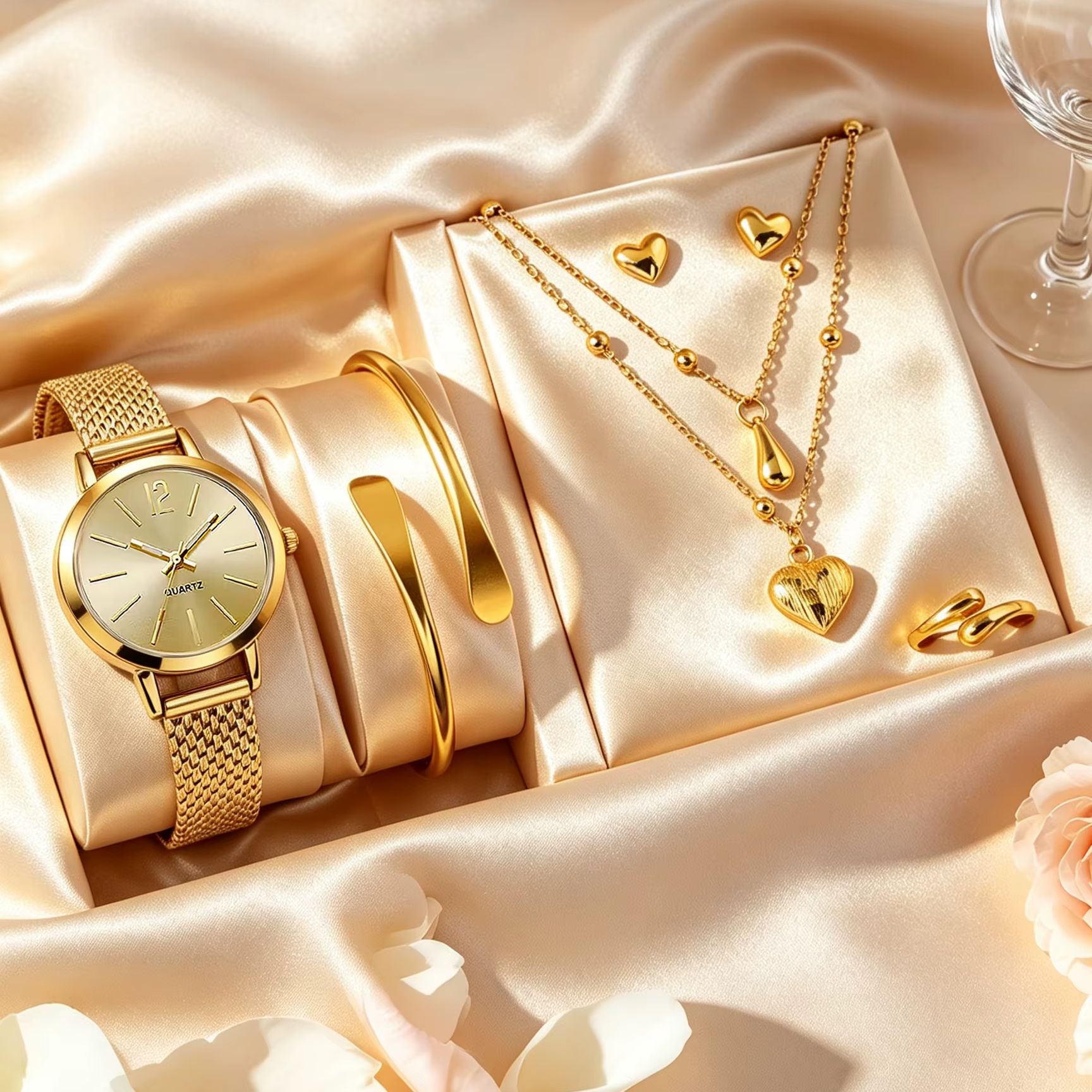 レディース 6点セット ゴールドウォッチ＆ジュエリーセット。 - Wedding Package Gold のレビューと価格